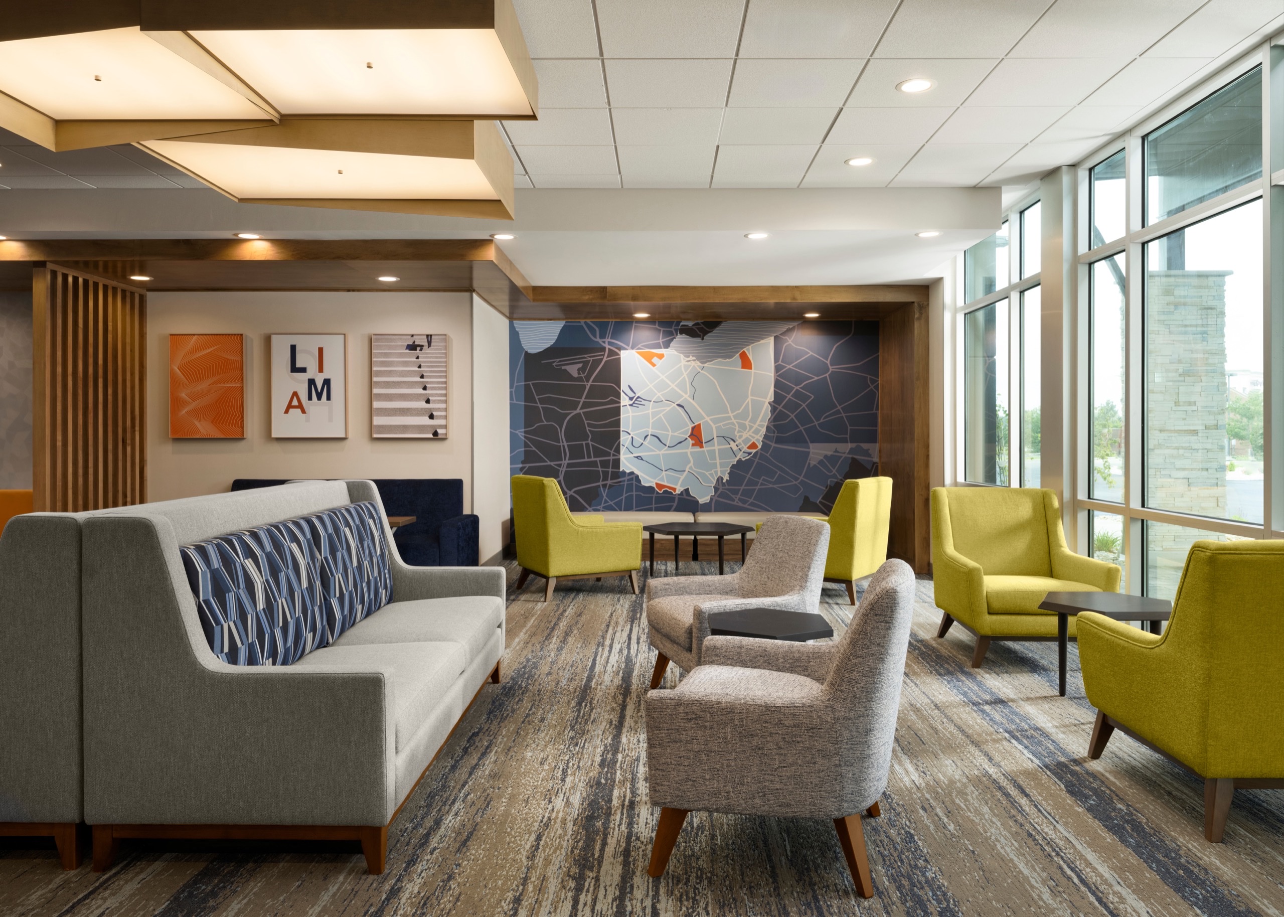 Hotel lobby with map